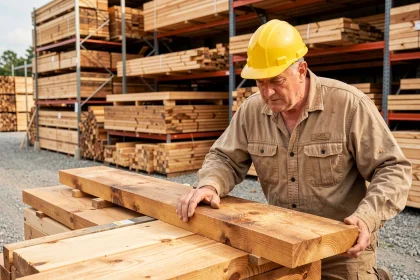 Charpentier examinant des bastaings et madriers en bois dans un dépôt de matériaux de construction