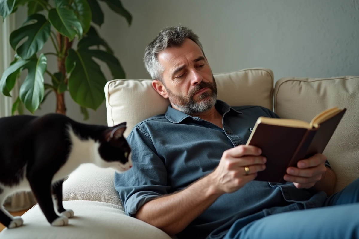Homme barbu lisant sur un canapé pendant qu'un chat en tuxedo s'approche timidement de lui dans un salon