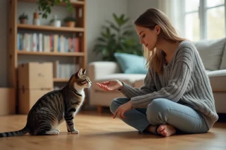 Femme en pull gris tendant la main vers un chat tigré méfiant dans un appartement avec des cartons de déménagement