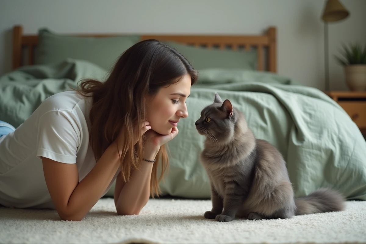 Femme allongée sur un tapis face à un chat persan gris dans une chambre, partageant un moment de confiance calme