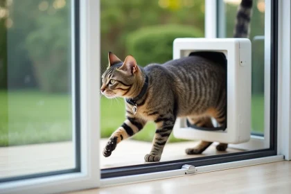 Chat tigré franchissant une chatière amovible installée sur une porte-fenêtre coulissante en uPVC blanc