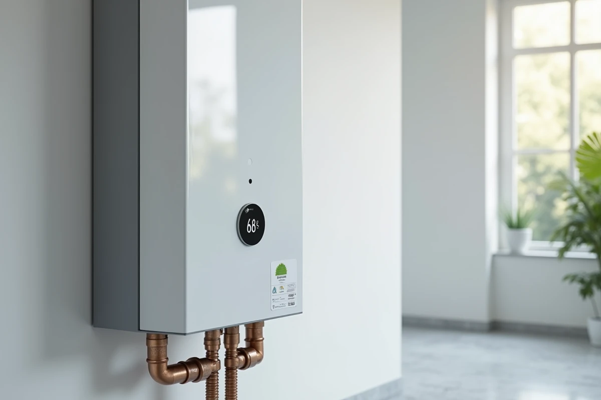 Gros plan d'une chaudière électrique murale moderne avec étiquette d'efficacité énergétique dans un couloir