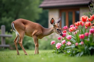 Chevreuil s'approchant d'un massif de fleurs dans un jardin de maison, illustrant le problème des chevreuils qui mangent les fleurs