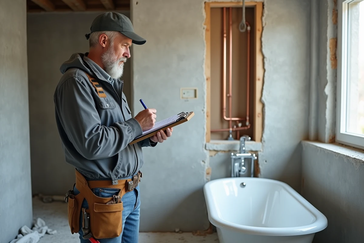 Plombier chiffrant des travaux de rénovation dans une salle de bain en chantier avec tuyaux apparents