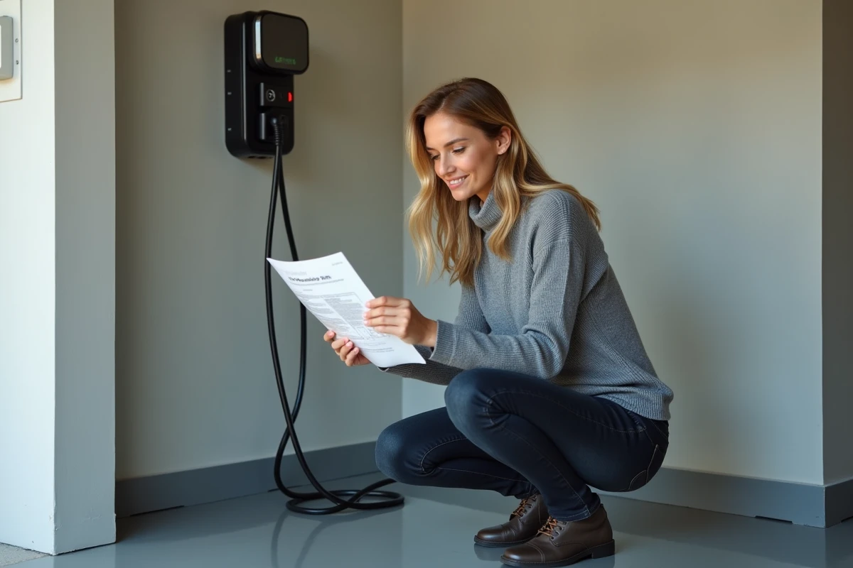 Femme consultant un guide pour choisir la bonne prise murale pour sa borne de recharge domestique