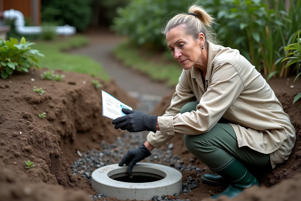 Femme inspectant une citerne enterrée de récupération d'eau de pluie dans un jardin résidentiel avec tuyaux PVC apparents