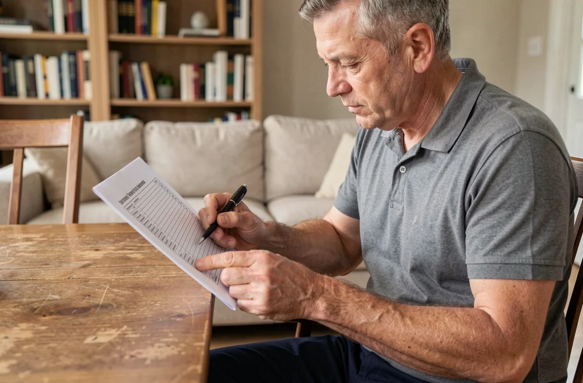 Client comparant des fiches techniques de services de ménage à domicile sur papier