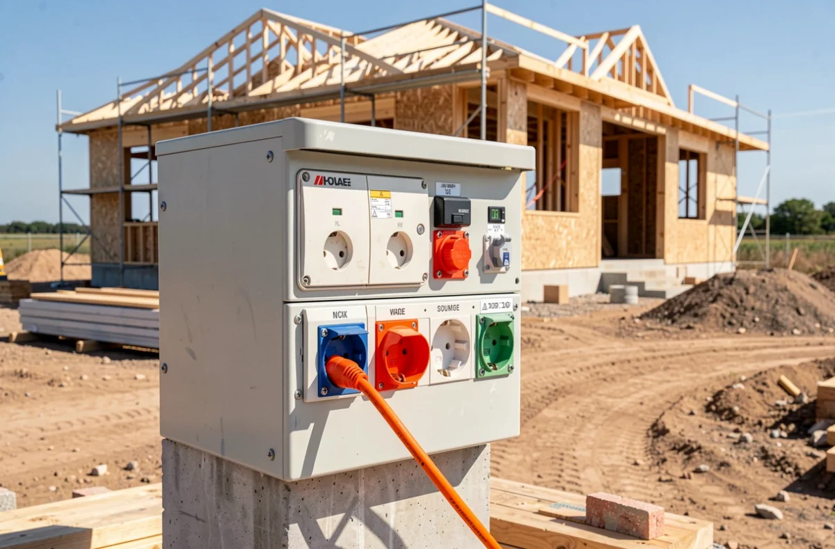 Coffret électrique de chantier avec prises protégées devant une maison en construction