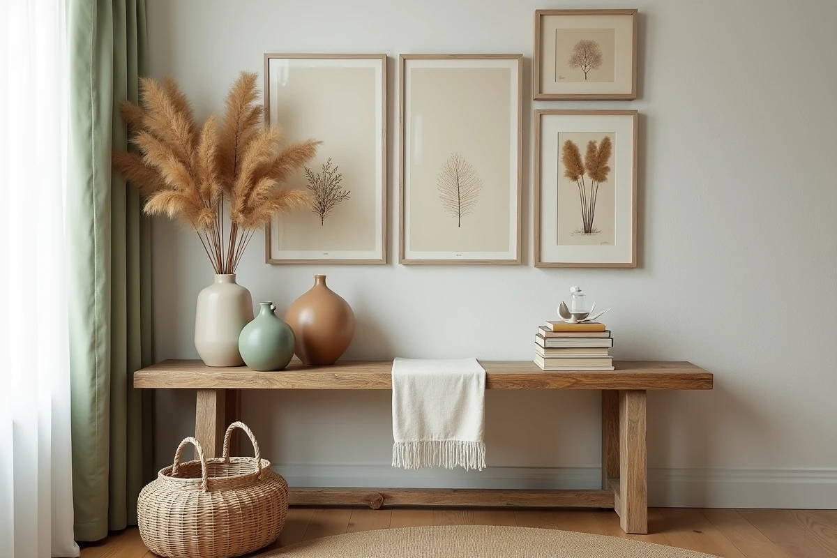 Coin salon relooké avec console en bois brut, cadres vintage et décoration murale style maison français