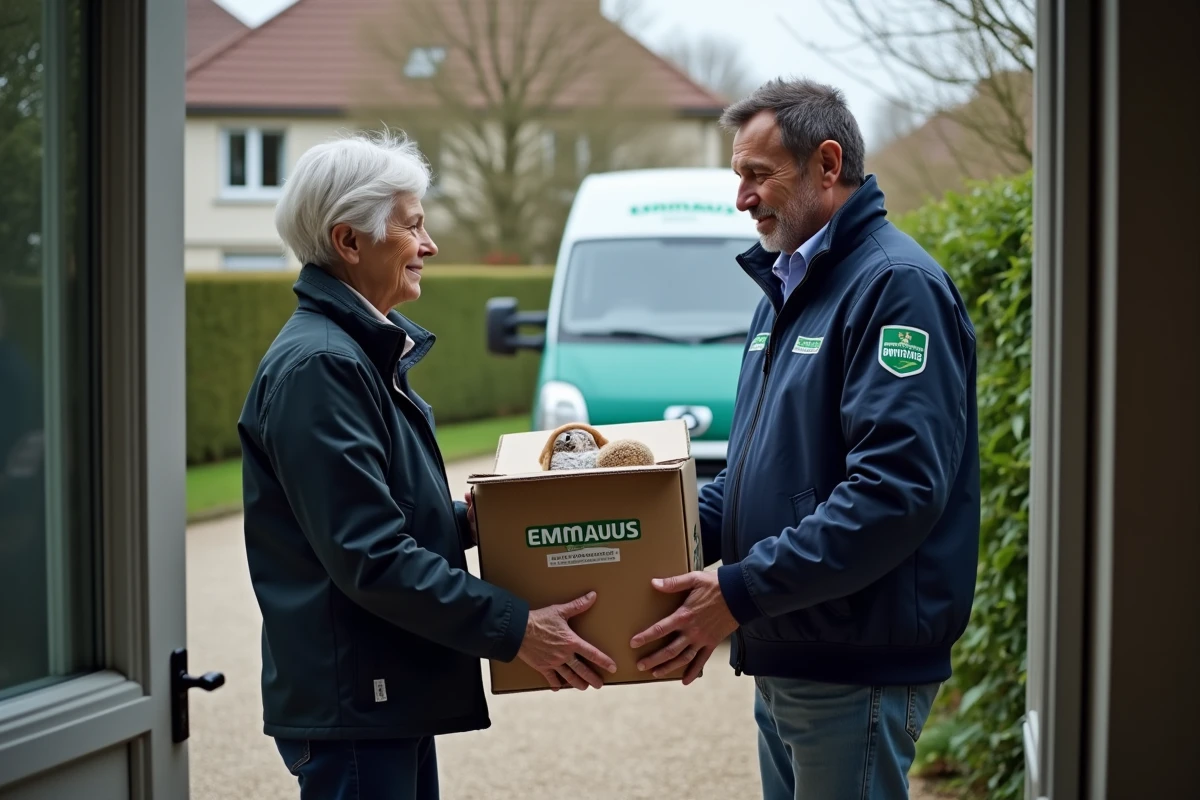 Femme remettant des affaires à un collecteur Emmaüs devant sa maison lors d'une collecte à domicile