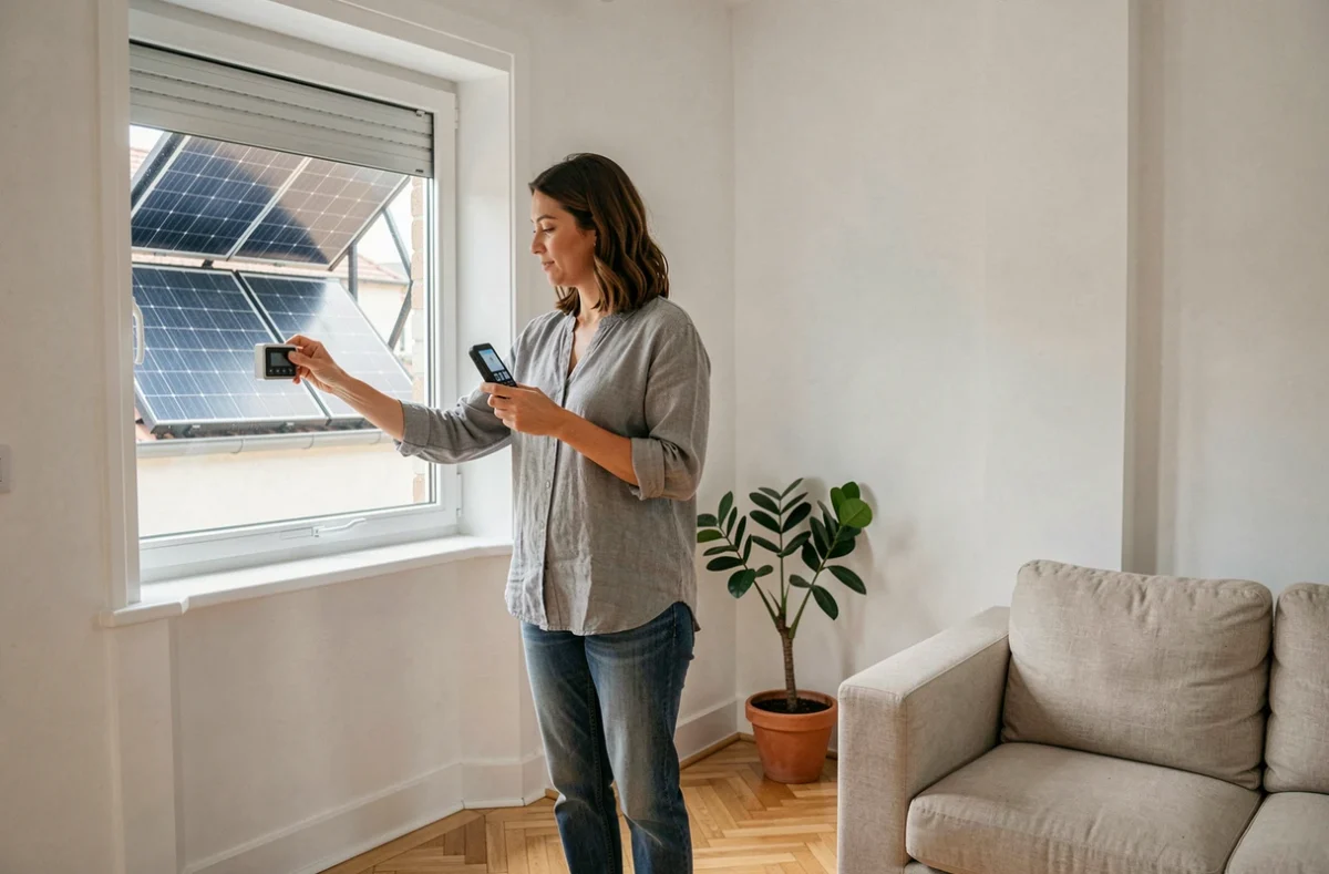 Femme commandant un volet roulant solaire depuis l'intérieur d'un salon moderne