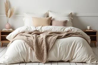Lit douillet et bien fait dans un style scandinave avec draps en lin crème et plaid en grosse maille