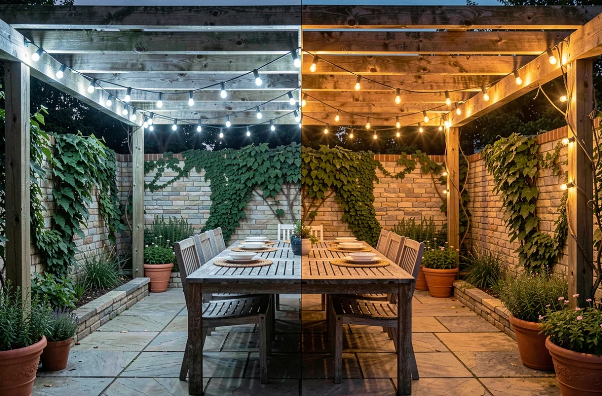 Comparaison visuelle d'un éclairage extérieur blanc froid et blanc chaud sur une terrasse de jardin avec pergola en bois et guirlandes LED