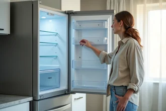 Femme comparant un réfrigérateur à froid statique et un réfrigérateur à froid ventilé dans une cuisine moderne