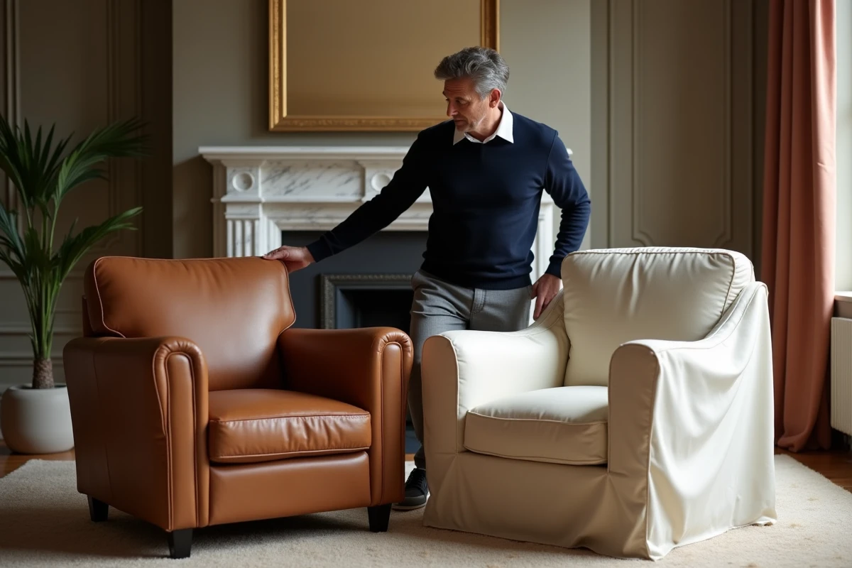 Comparaison entre un fauteuil club en cuir non recouvert et un fauteuil club habillé d'une housse extensible crème dans un salon élégant