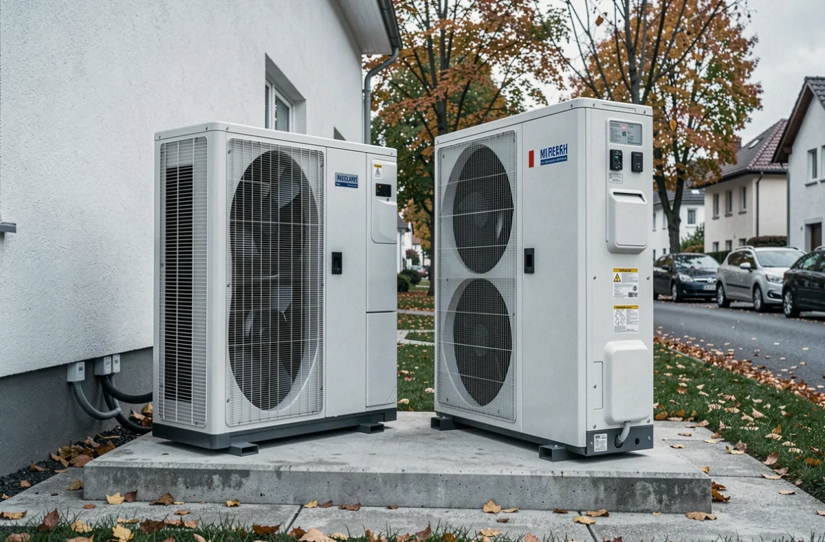Comparaison côte à côte d'une pompe à chaleur allemande haut de gamme et d'un modèle économique standard en extérieur