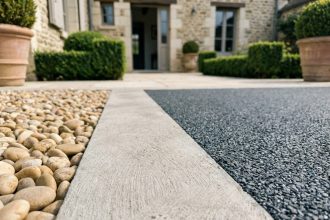 Comparaison de trois revêtements de cour : gravier, béton brossé et résine minérale, dans un jardin pavillonnaire français