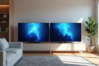 Comparaison de deux téléviseurs QLED et Mini LED dans un salon moderne aux tons neutres