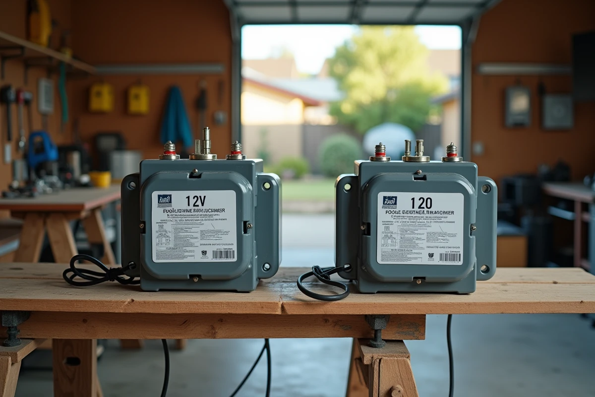 Comparaison côte à côte d'un transformateur de piscine 12V et d'un transformateur 120V sur un établi d'atelier