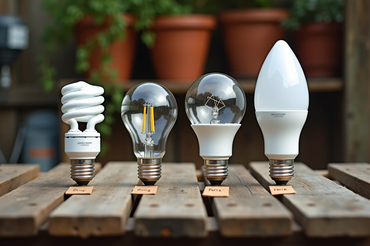 Comparaison de quatre types d'ampoules pour usage extérieur disposées sur un établi en bois