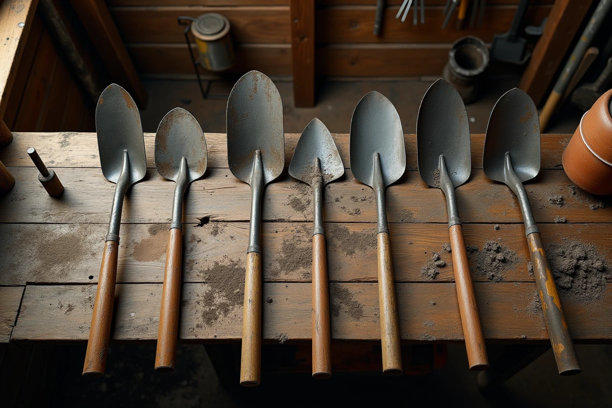 Comparaison de différents types de pelles et bêches disposées sur un établi en bois dans un atelier de jardinage