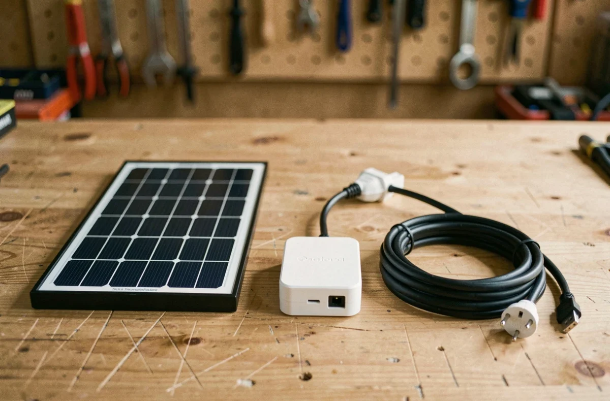 Composants d'un kit solaire prêt à brancher disposés sur une table en bois : panneau, micro-onduleur et câble