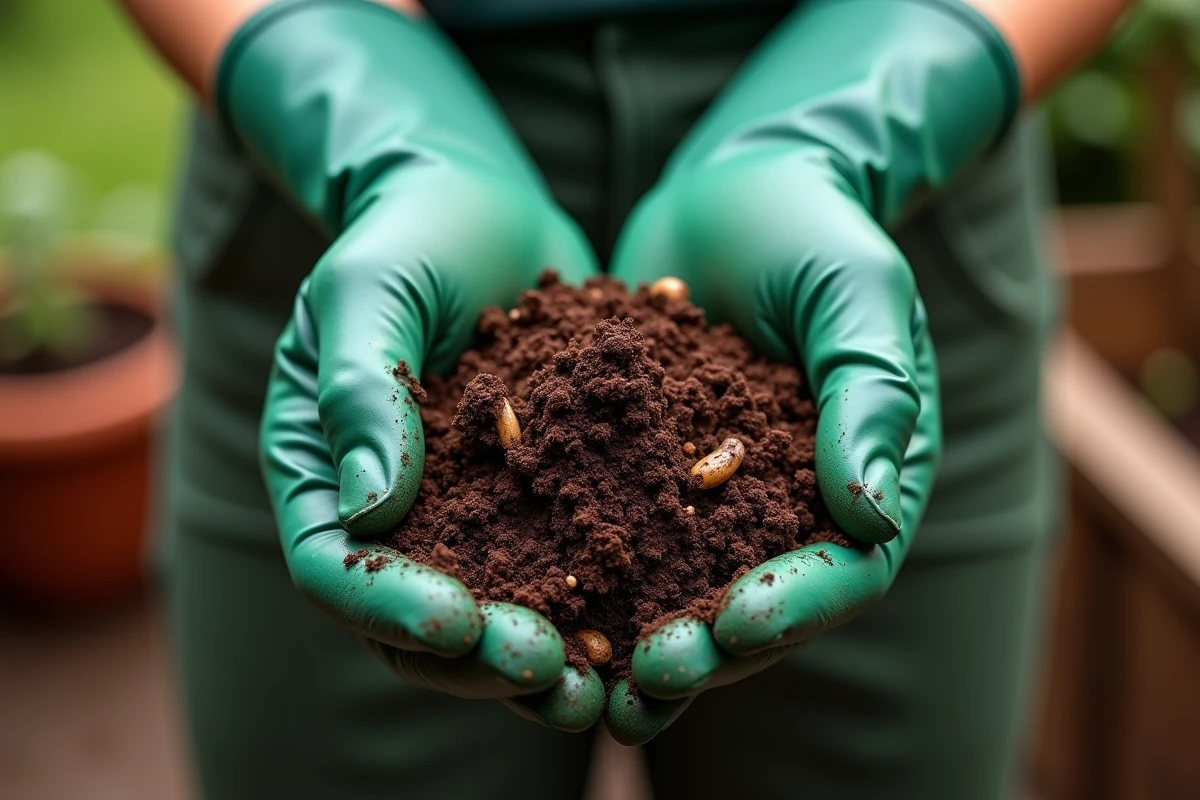 Mains gantées tenant du compost mûr et terreux extrait d'un bac à compost