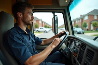Homme au volant d'un camion de déménagement en train de conduire dans une rue résidentielle