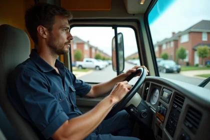 Homme au volant d'un camion de déménagement en train de conduire dans une rue résidentielle