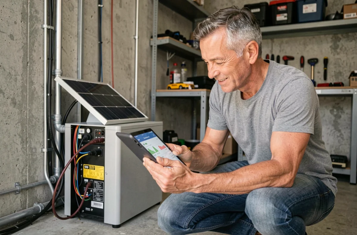 Homme consultant les données de consommation d'un système solaire 500W dans un garage