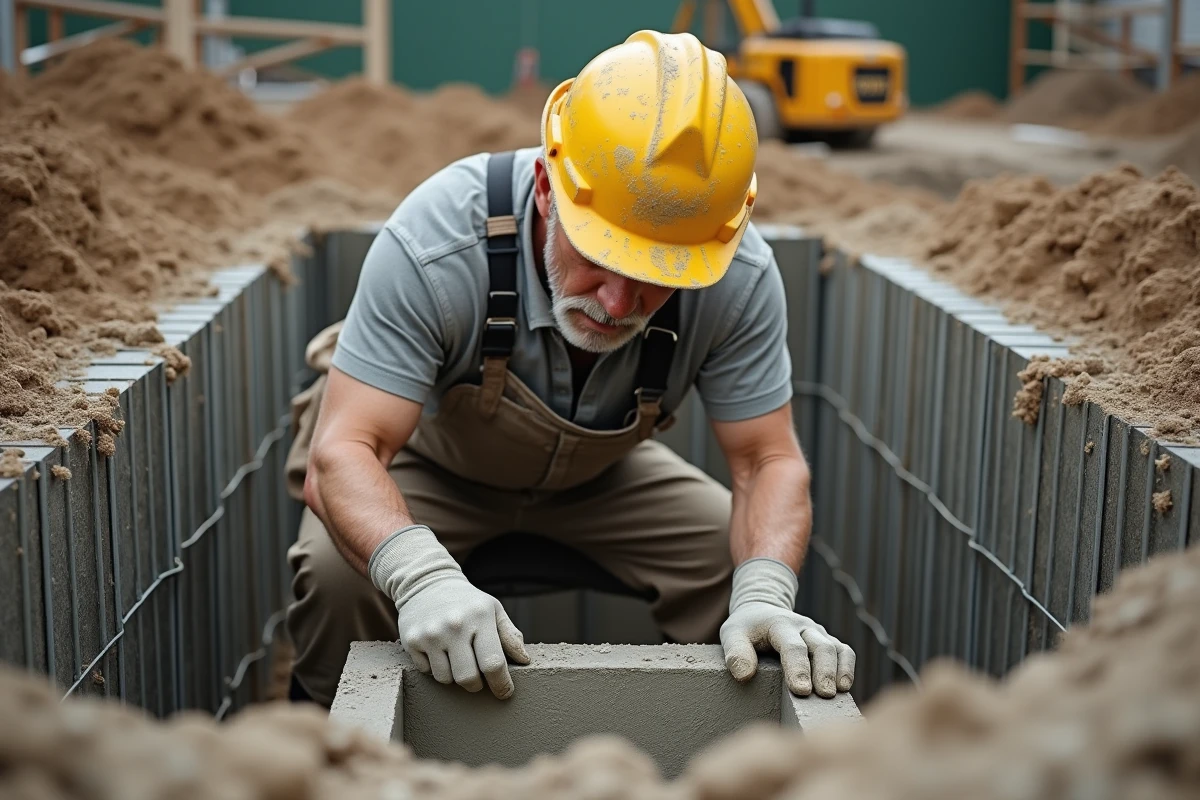 Ouvrier appliquant du béton gunite sur les parois d'une piscine en construction avec armature en acier