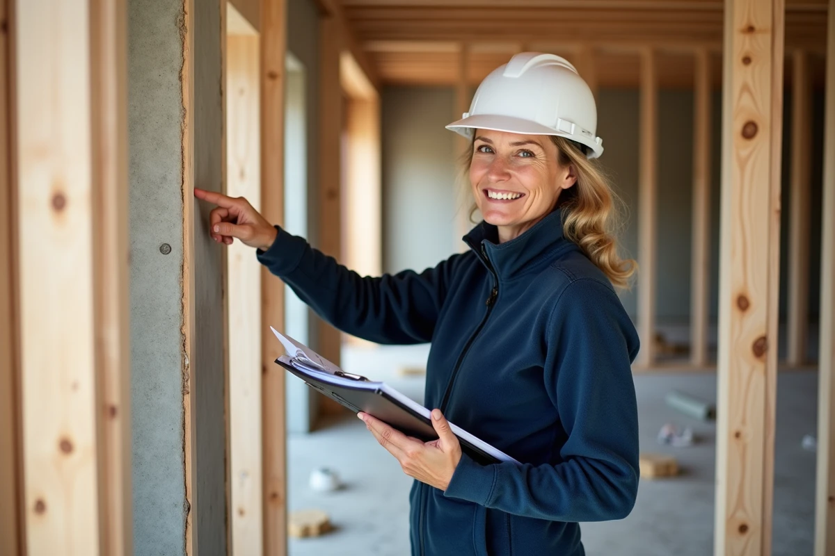 Consultante en rénovation énergétique montrant une couche de ouate de cellulose soufflée dans une ossature bois lors d'un chantier de construction résidentielle