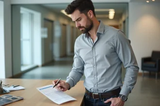 Homme examinant un contrat de bail pour la location d'un box de stockage dans un bureau de garde-meuble