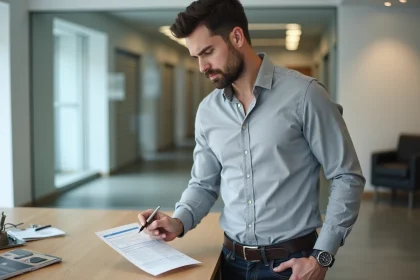Homme examinant un contrat de bail pour la location d'un box de stockage dans un bureau de garde-meuble