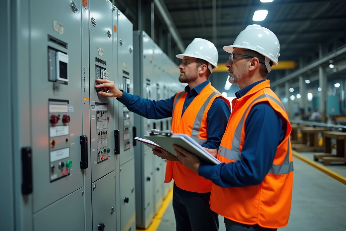 Deux électriciens contrôlant la conformité d'un tableau industriel en usine avec liste de vérification