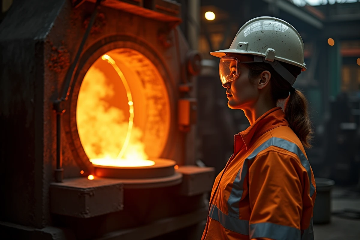 Ingénieure observant la coulée d'acier en fusion dans une fonderie industrielle avec équipement de protection