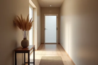 Couloir résidentiel peint en greige chaleureux avec parquet en bois naturel et console décorative