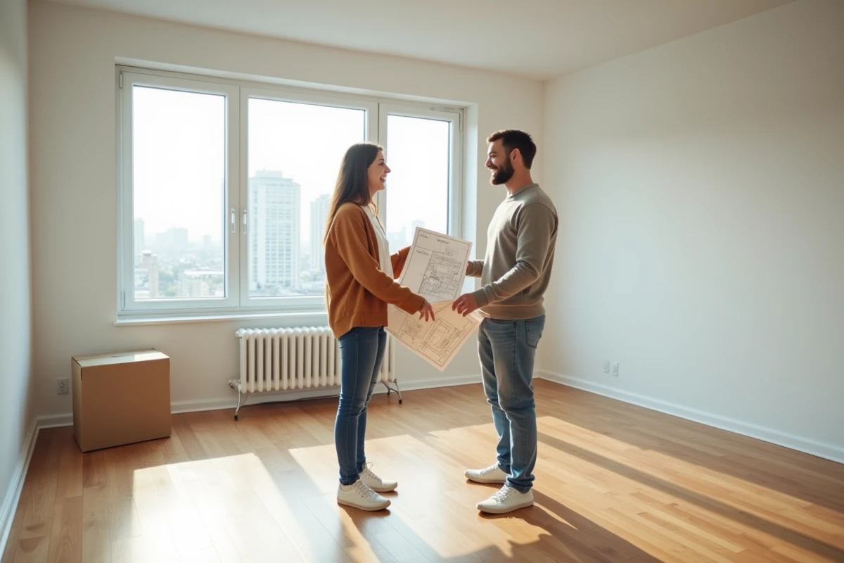 Couple souriant dans un appartement vide en train de planifier leur nouvel aménagement après un déménagement
