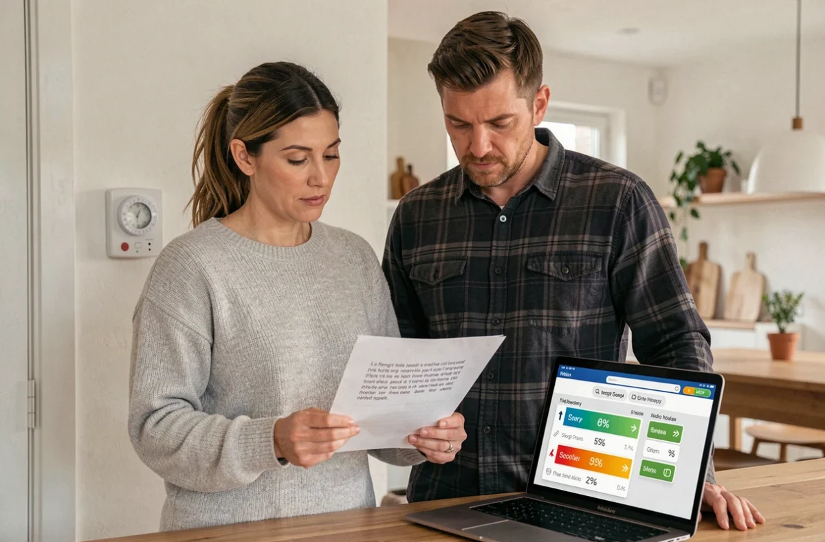 Couple étudiant les devis et l'efficacité énergétique d'une pompe à chaleur allemande dans leur intérieur moderne
