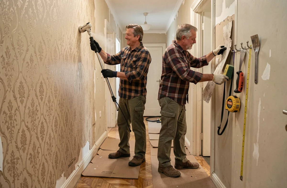 Couple de bricoleurs débutants utilisant un steamer pour décoller du papier peint ancien dans un couloir