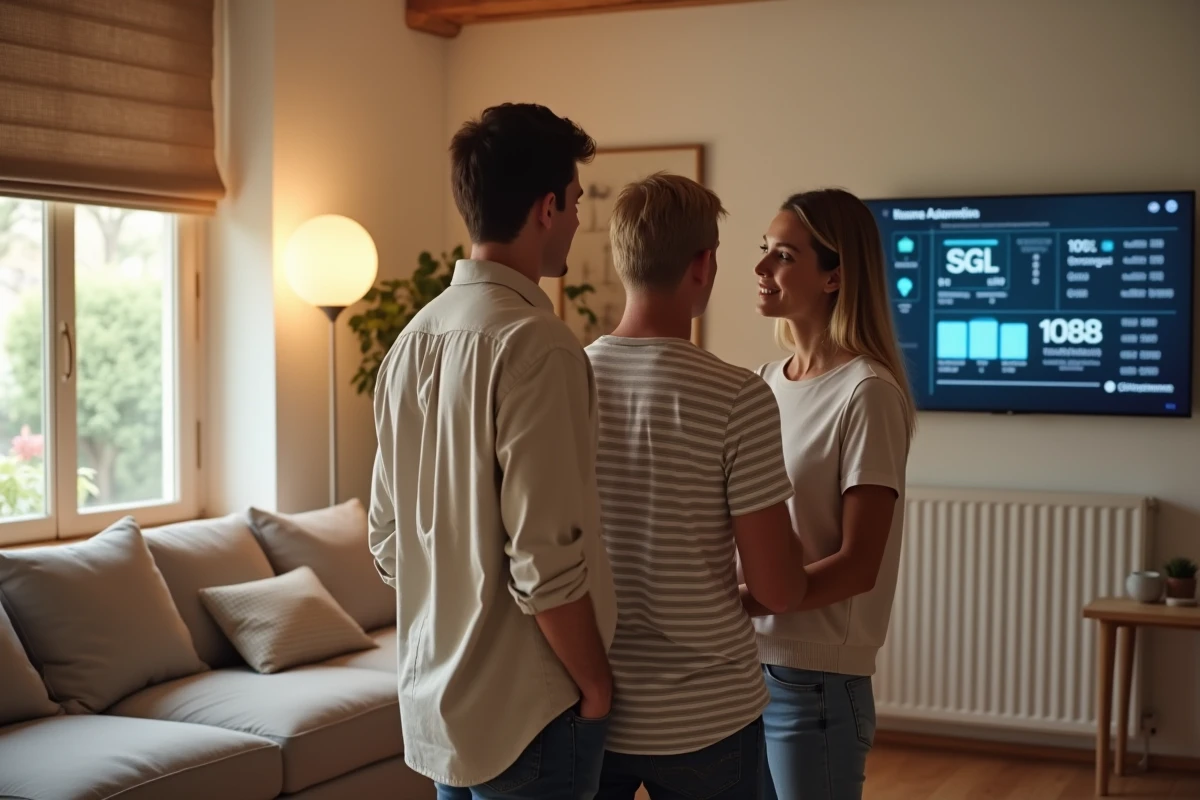Couple examinant les économies réalisées grâce à leur système domotique sur un écran mural connecté dans le salon