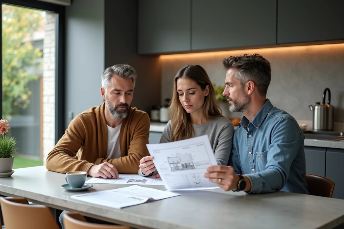 Couple discutant du prix d'une extension de maison avec un entrepreneur autour d'un devis imprimé
