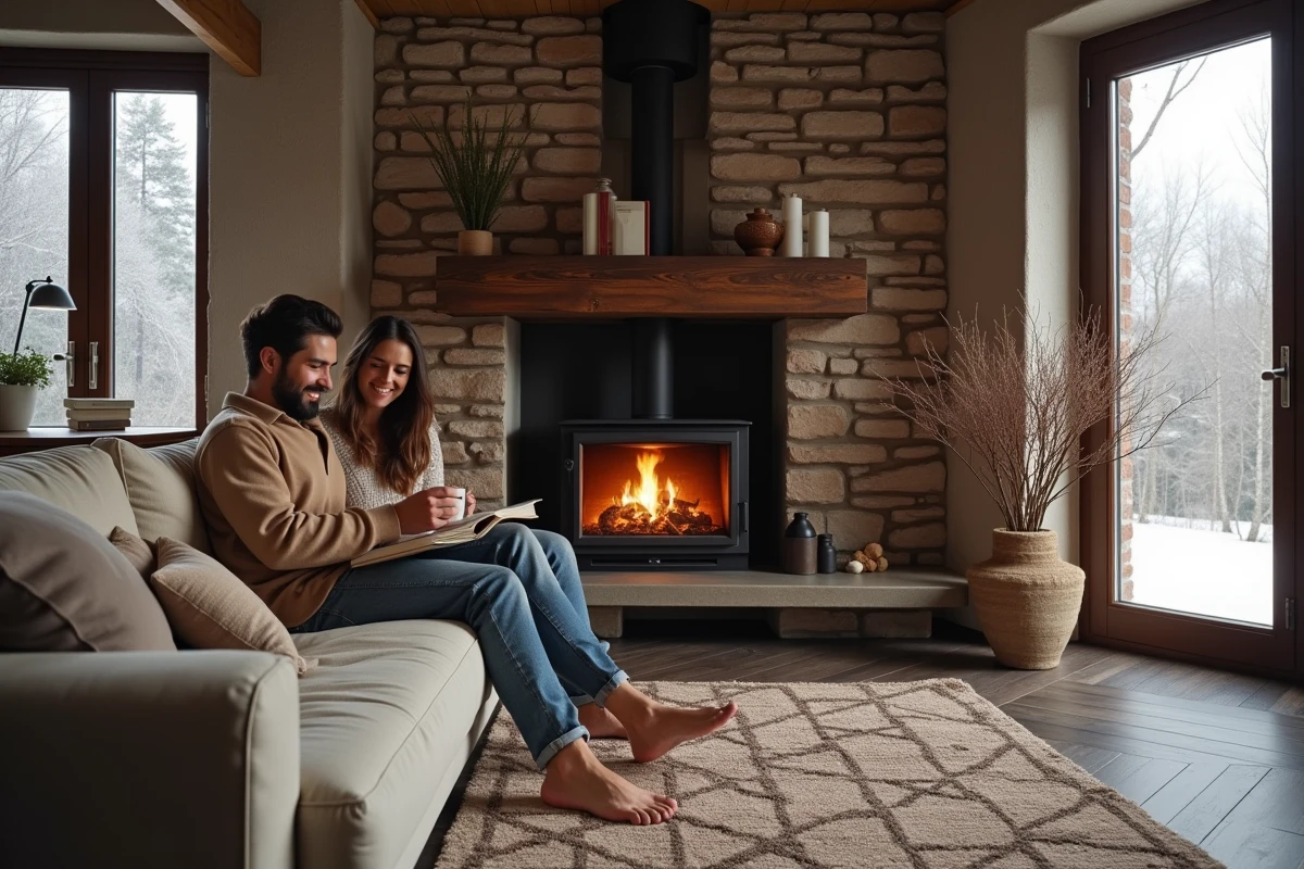 Couple installé devant un insert à bois fermé dans un salon en pierre, illustrant un chauffage domestique sûr et confortable en hiver