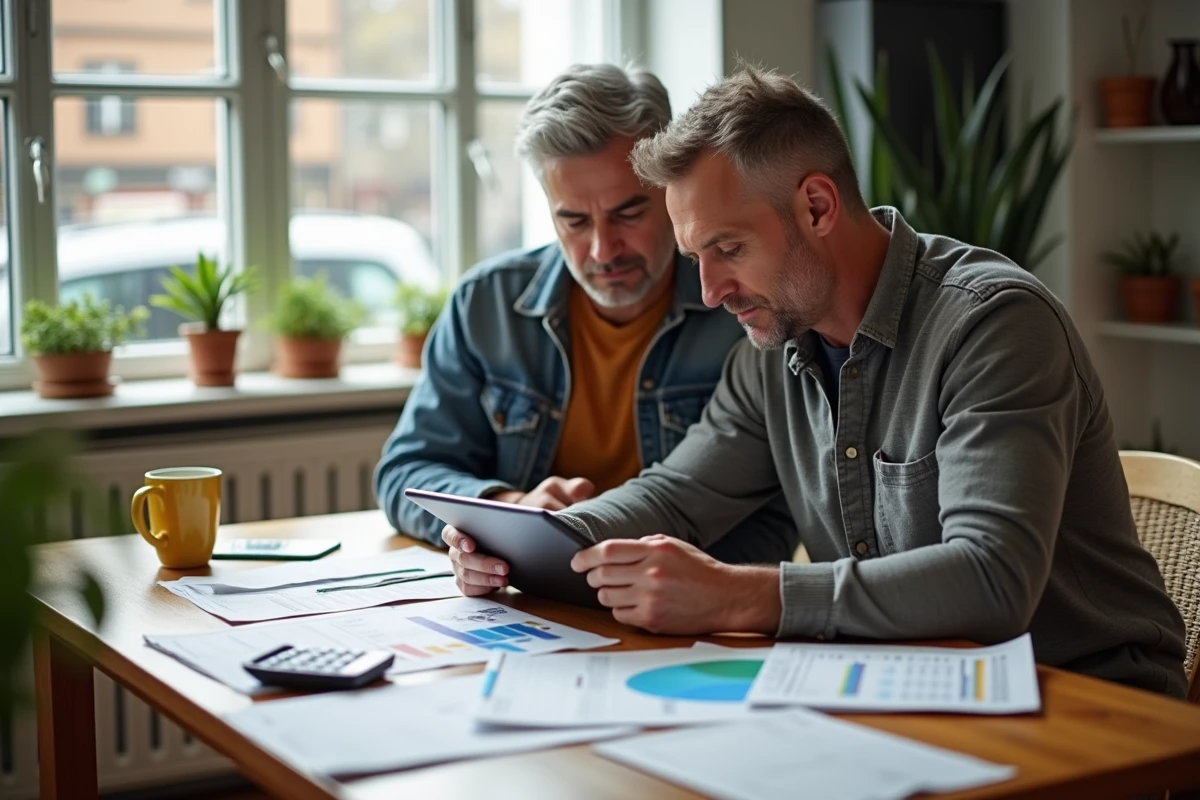 Couple de propriétaires planifiant ensemble leur budget de rénovation avec tablette et factures sur table de salle à manger