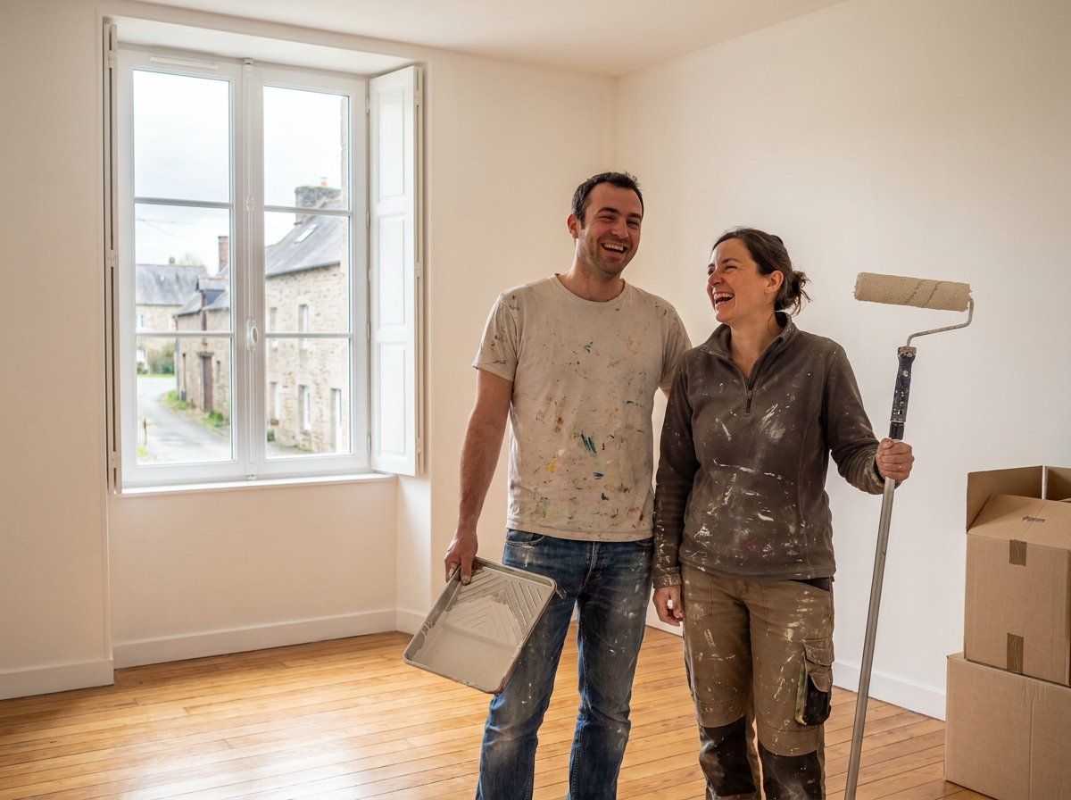 Couple satisfait après avoir repeint leur salon eux-mêmes dans leur maison près de Rennes