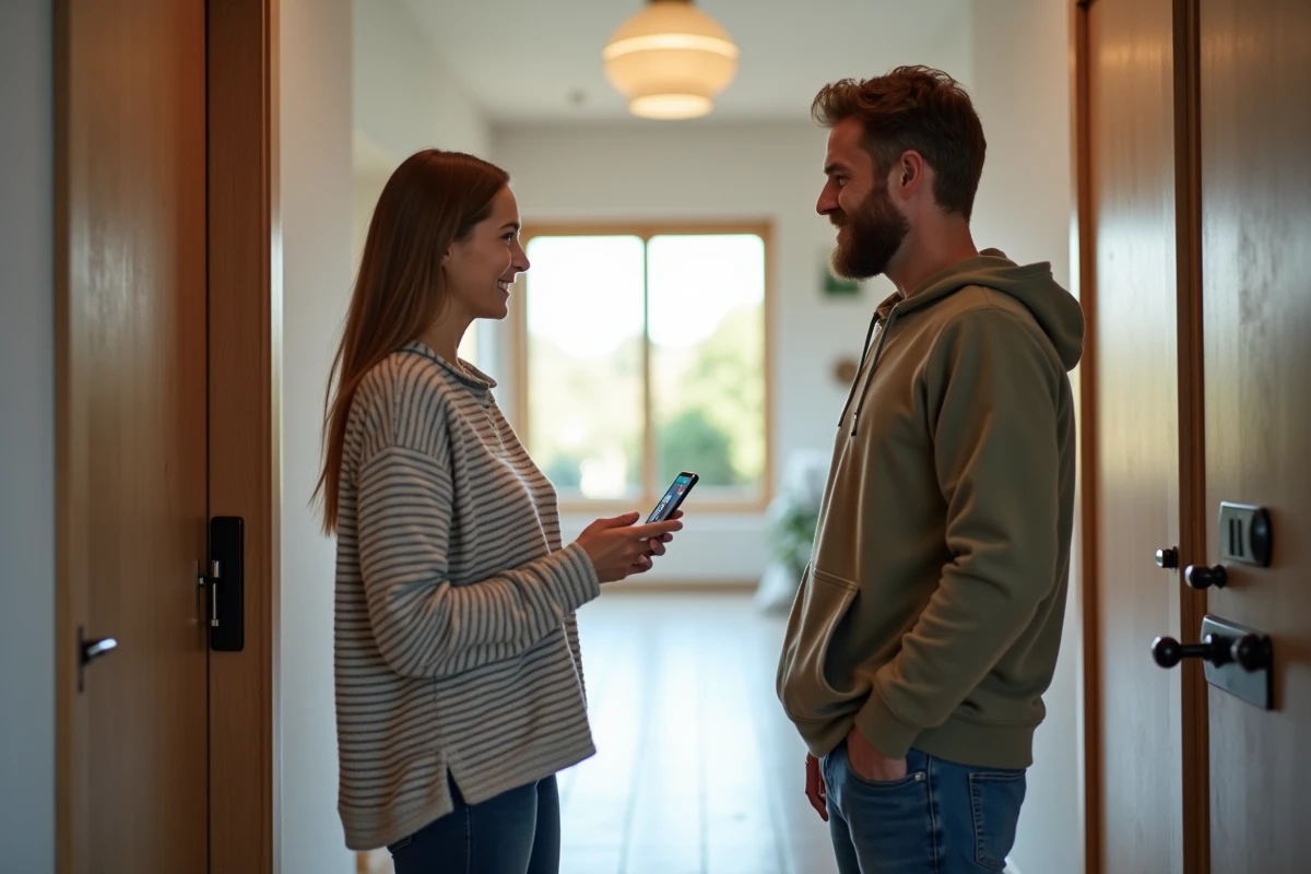 Couple vérifiant la sécurité connectée de leur maison intelligente depuis l'entrée