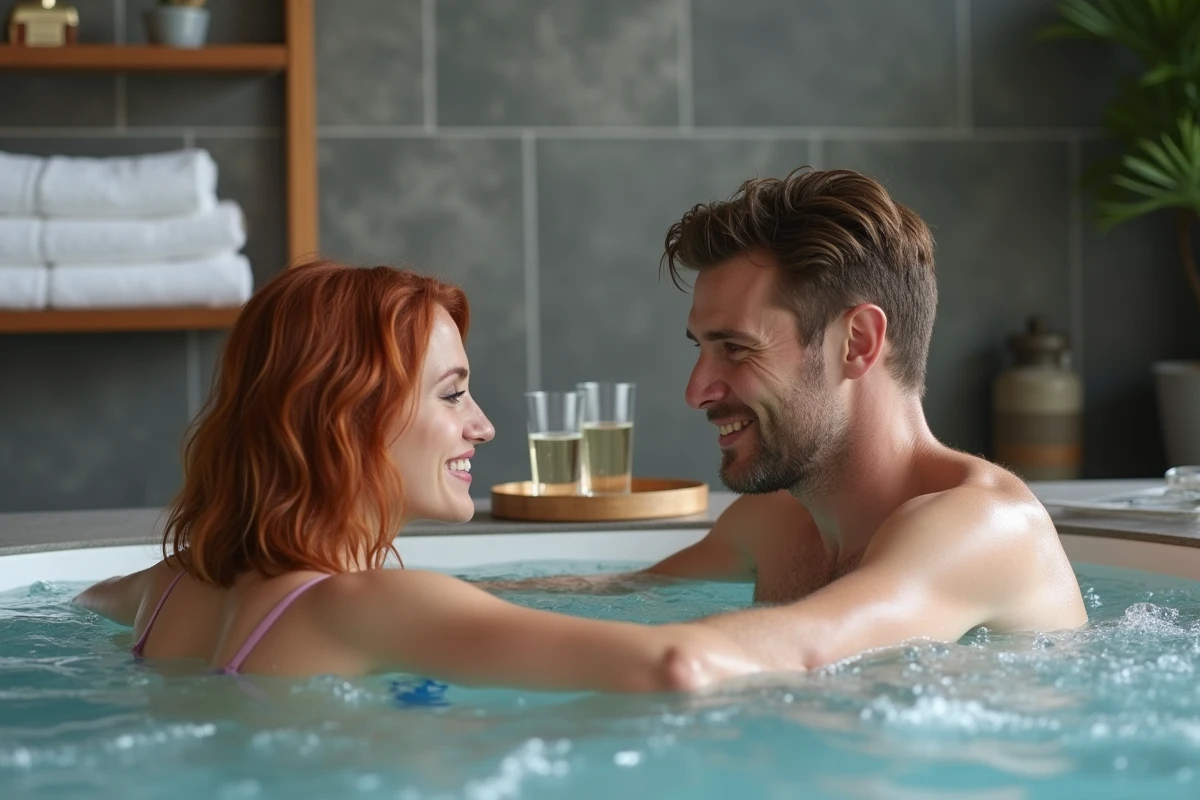 Couple se relaxant dans un spa intégré à domicile avec carrelage en pierre grise et serviettes blanches