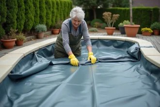 Femme installant une bâche hivernale sur une piscine en forme de haricot dans un jardin résidentiel