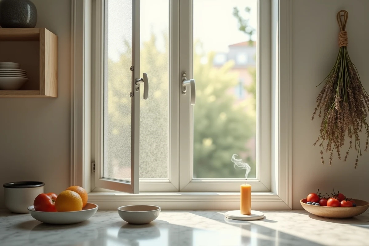Cuisine aérée avec fenêtre ouverte, plantes séchées et bougies naturelles pour un air sain