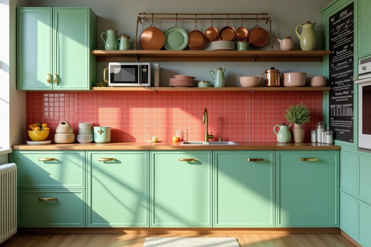 Cuisine urbaine compacte en style pop rétro avec armoires vert menthe, carrelage rouge à carreaux et appareils vintage pastel